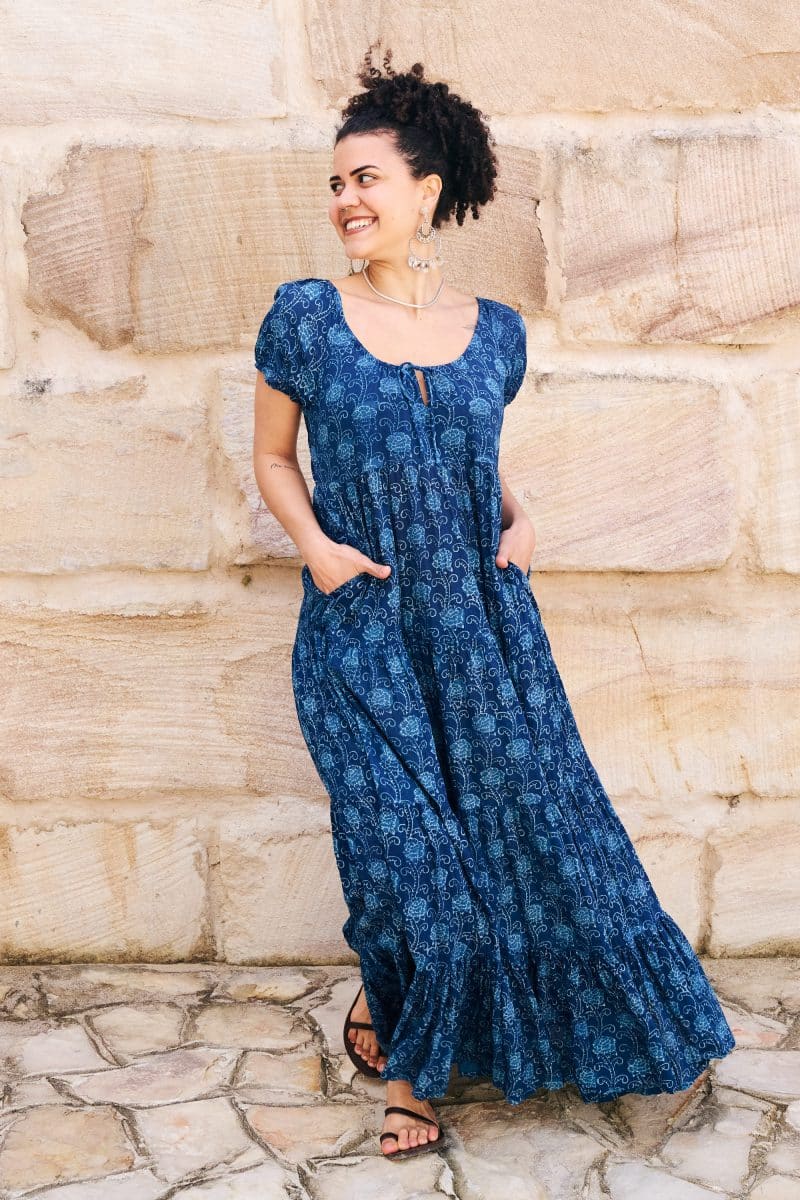 Womens, maxi, Odette Dress, cap sleeves, tiered, low neckline. 100% Cotton, hand block print. Natural Indigo Blue - Indigo Lila