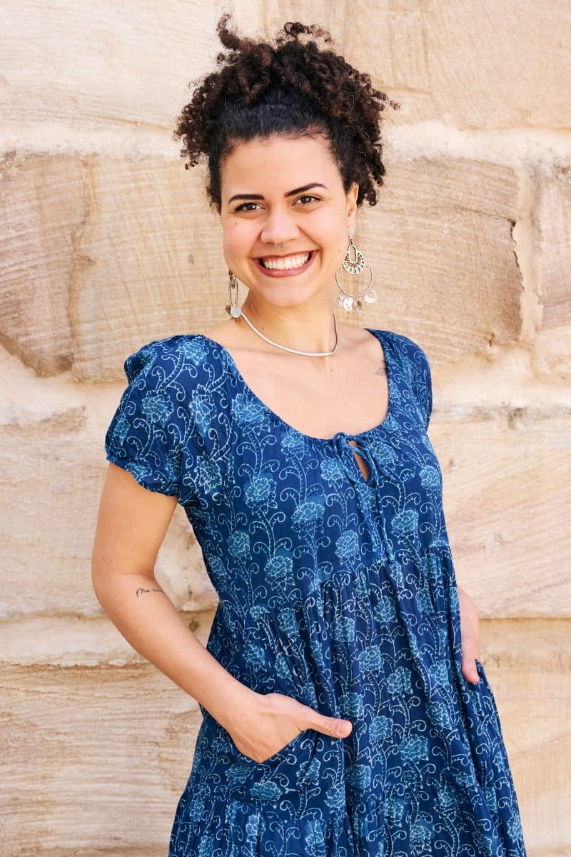 Womens, maxi, Odette Dress, cap sleeves, tiered, low neckline. 100% Cotton, hand block print. Natural Indigo Blue - Indigo Lila