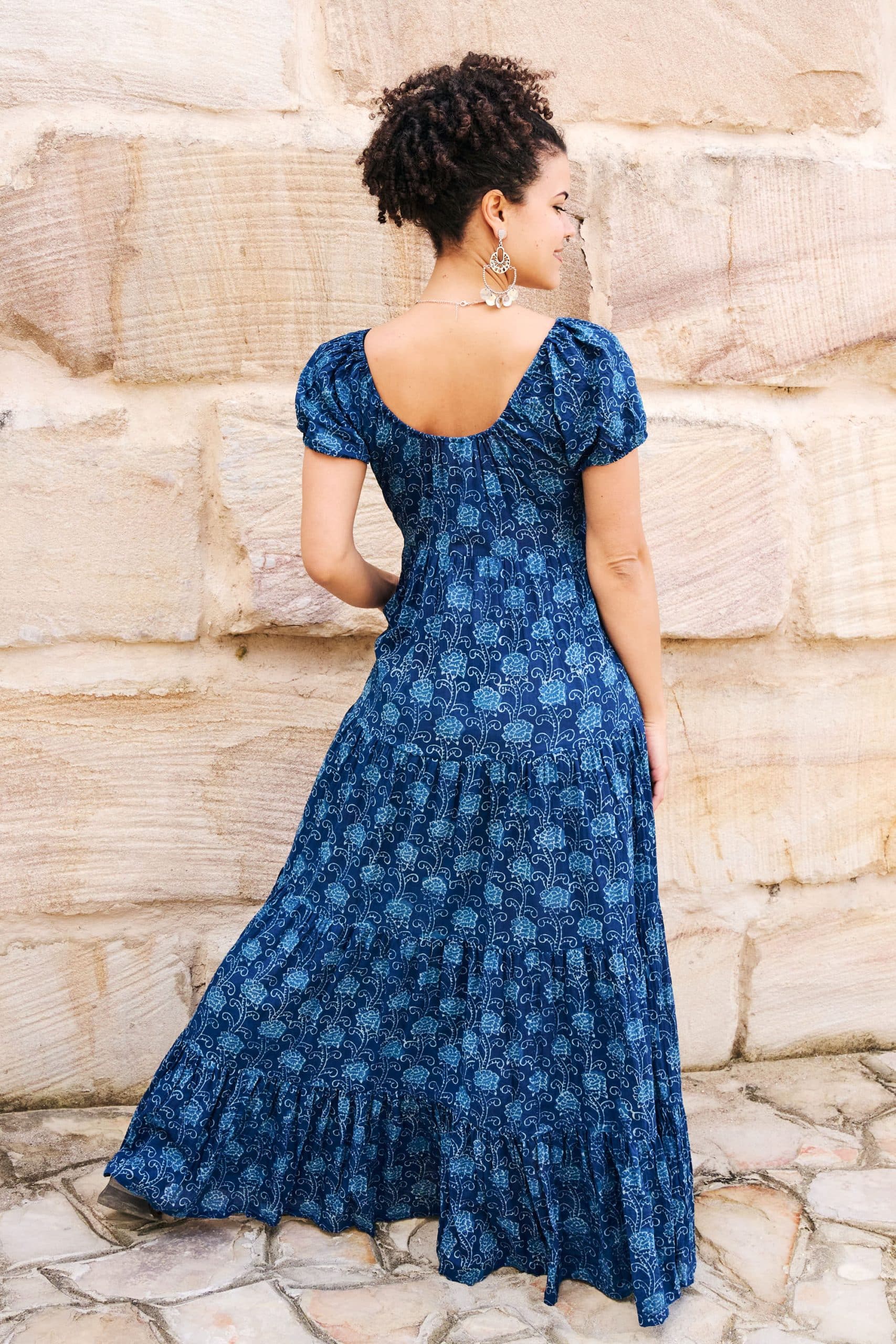 Womens, maxi, Odette Dress, cap sleeves, tiered, low neckline. 100% Cotton, hand block print. Natural Indigo Blue - Indigo Lila