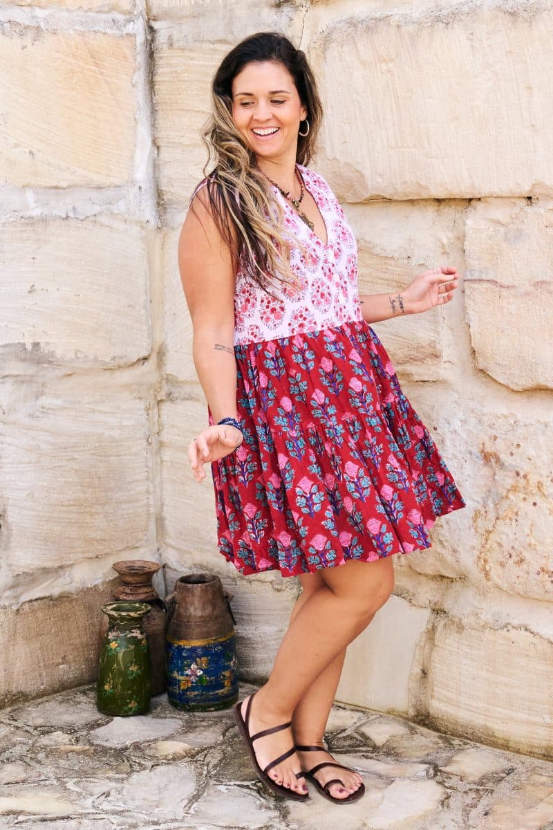 Womens, mini, Minjhali, sleeveless, 100% Cotton, hand block print. Parisa & Ruby Veda.