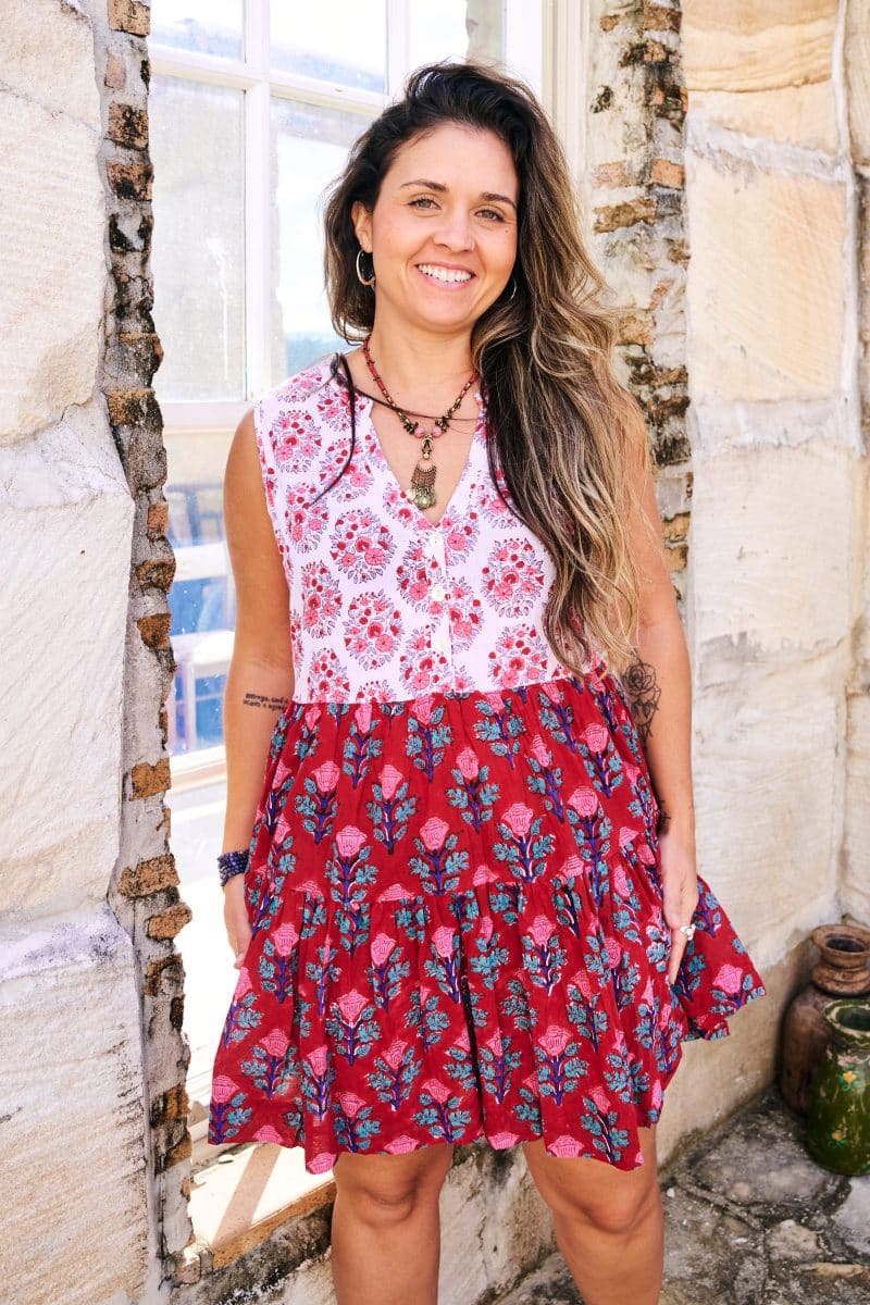 Womens, mini, Minjhali, sleeveless, 100% Cotton, hand block print. Parisa & Ruby Veda.