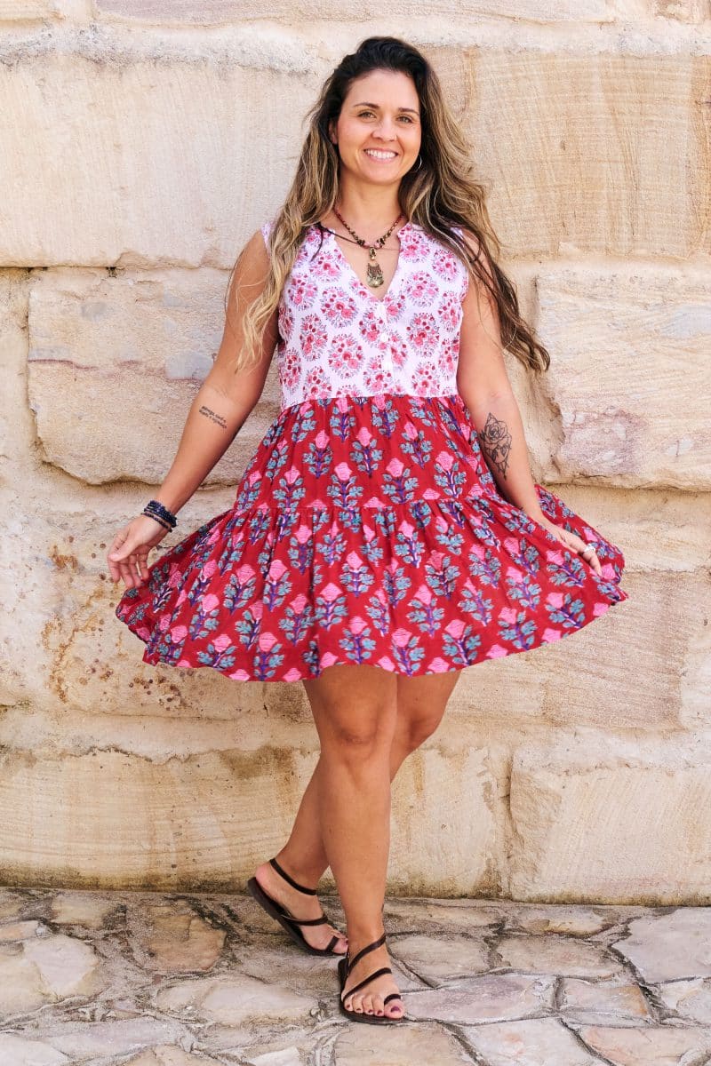 Womens, mini, Minjhali, sleeveless, 100% Cotton, hand block print. Parisa & Ruby Veda.