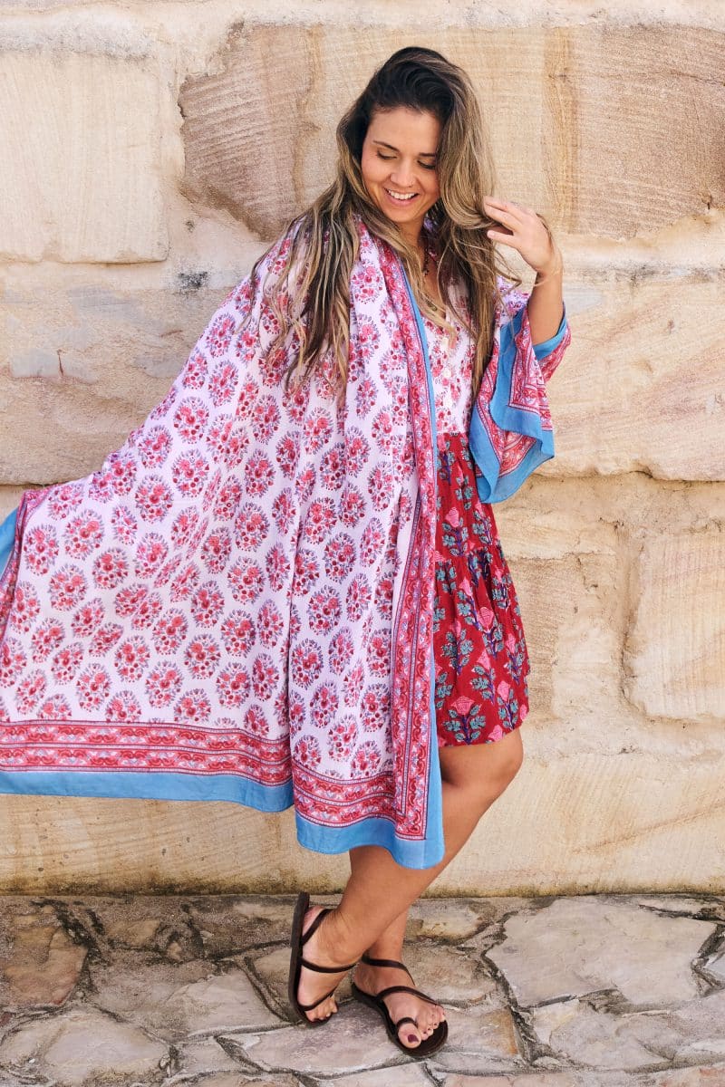 Sarong, 100% Cotton, hand block print. Delicate pinks on white background - Parisa