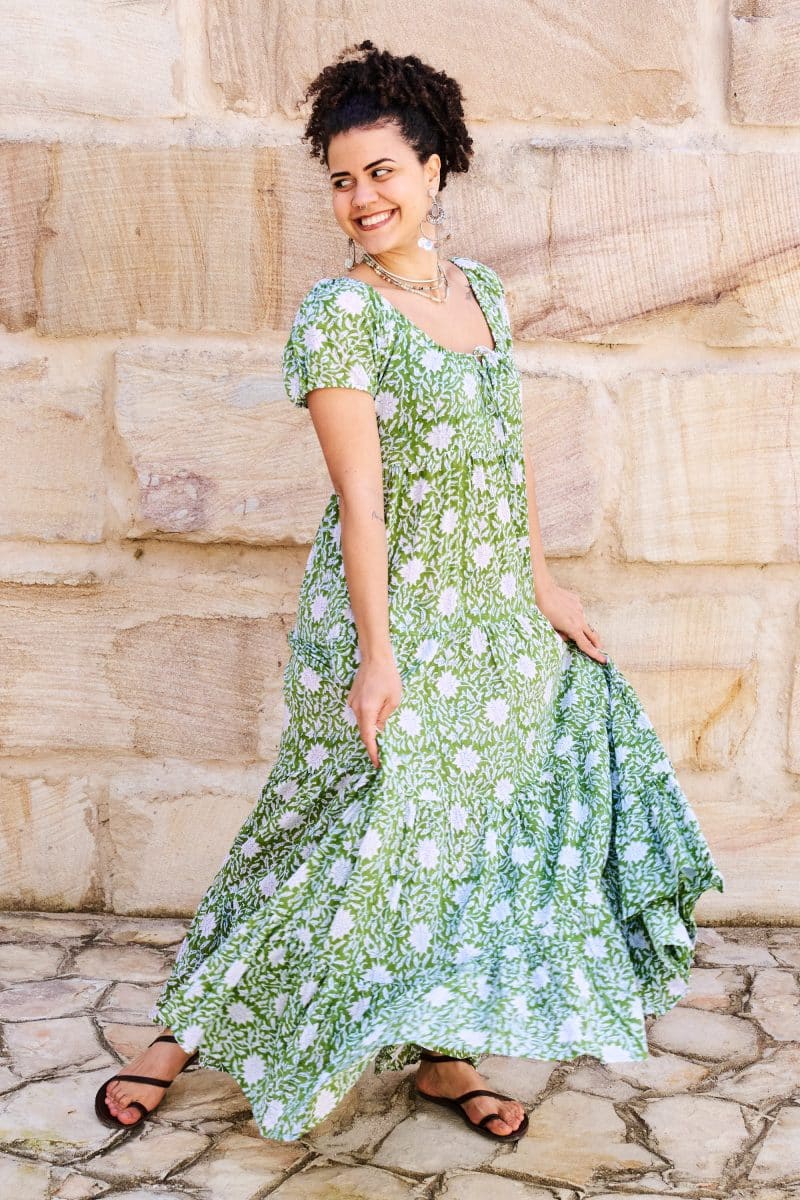 Womens, maxi, Odette Dress, cap sleeves, tiered, low neckline. 100% Cotton, hand block print. Fresh Green - Evergreen