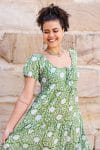 Womens, maxi, Odette Dress, cap sleeves, tiered, low neckline. 100% Cotton, hand block print. Fresh Green - Evergreen