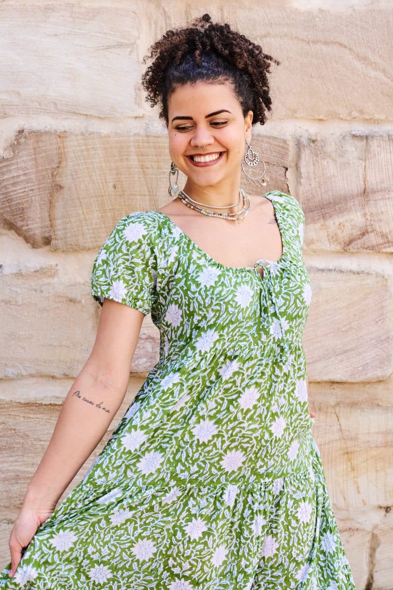 Womens, maxi, Odette Dress, cap sleeves, tiered, low neckline. 100% Cotton, hand block print. Fresh Green - Evergreen