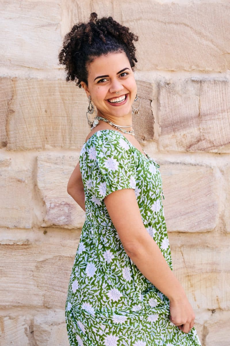 Womens, maxi, Odette Dress, cap sleeves, tiered, low neckline. 100% Cotton, hand block print. Fresh Green - Evergreen