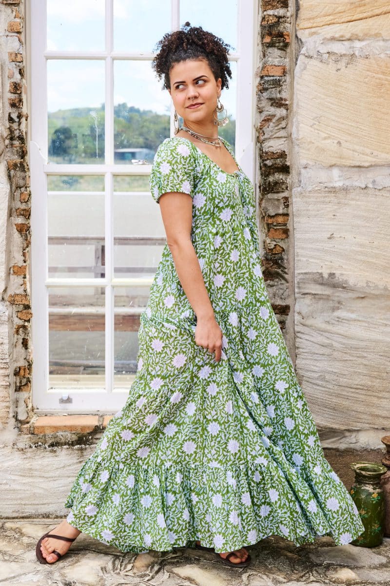 Womens, maxi, Odette Dress, cap sleeves, tiered, low neckline. 100% Cotton, hand block print. Fresh Green - Evergreen