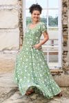Womens, maxi, Odette Dress, cap sleeves, tiered, low neckline. 100% Cotton, hand block print. Fresh Green - Evergreen