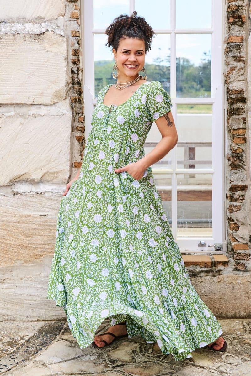 Womens, maxi, Odette Dress, cap sleeves, tiered, low neckline. 100% Cotton, hand block print. Fresh Green - Evergreen
