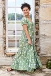 Womens, maxi, Odette Dress, cap sleeves, tiered, low neckline. 100% Cotton, hand block print. Fresh Green - Evergreen