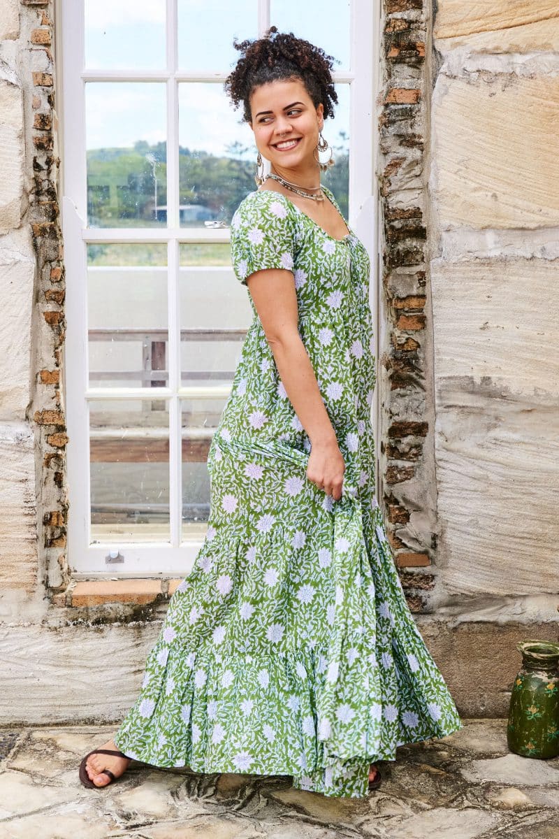 Womens, maxi, Odette Dress, cap sleeves, tiered, low neckline. 100% Cotton, hand block print. Fresh Green - Evergreen