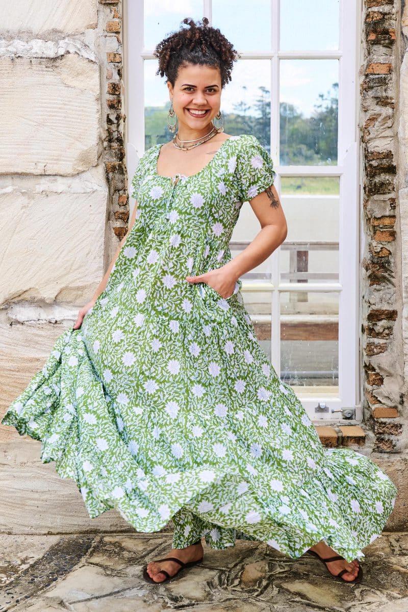 Womens, maxi, Odette Dress, cap sleeves, tiered, low neckline. 100% Cotton, hand block print. Fresh Green - Evergreen
