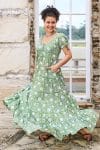 Womens, maxi, Odette Dress, cap sleeves, tiered, low neckline. 100% Cotton, hand block print. Fresh Green - Evergreen