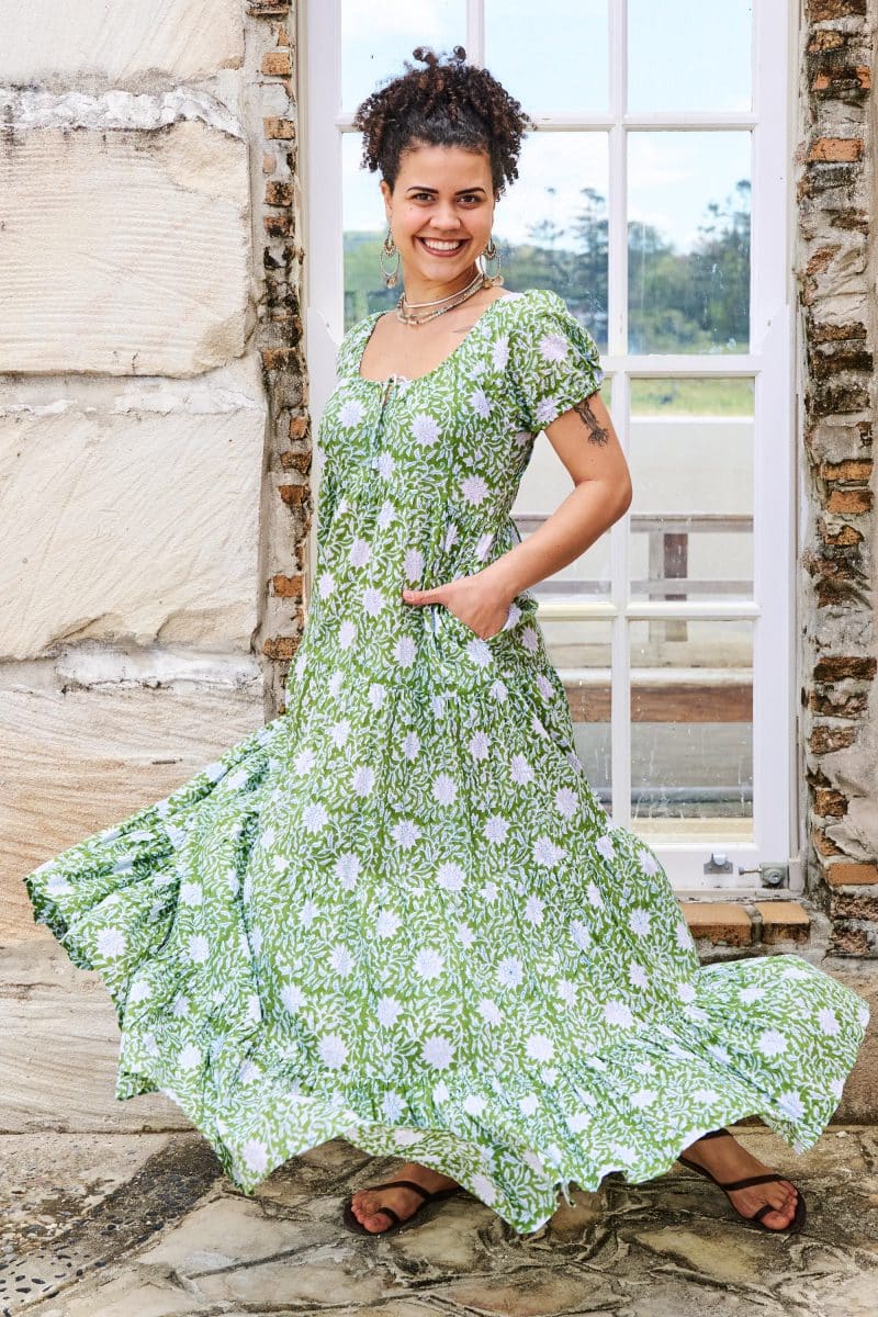 Womens, maxi, Odette Dress, cap sleeves, tiered, low neckline. 100% Cotton, hand block print. Fresh Green - Evergreen