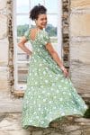 Womens, maxi, Odette Dress, cap sleeves, tiered, low neckline. 100% Cotton, hand block print. Fresh Green - Evergreen