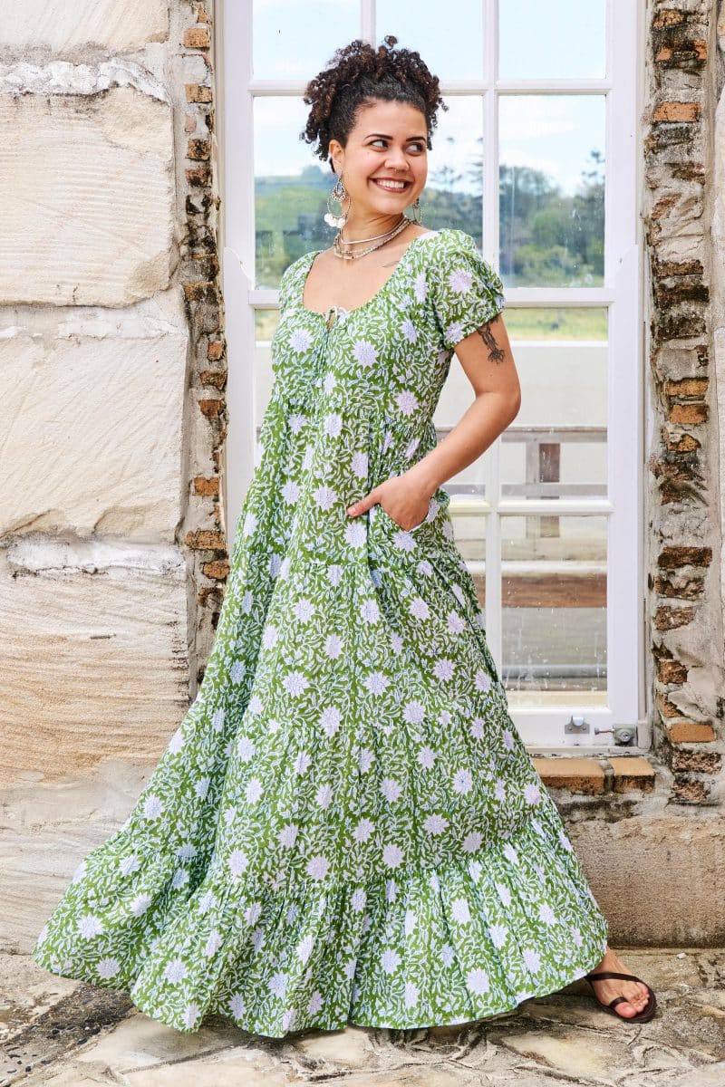 Womens, maxi, Odette Dress, cap sleeves, tiered, low neckline. 100% Cotton, hand block print. Fresh Green - Evergreen