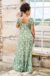 Womens, maxi, Odette Dress, cap sleeves, tiered, low neckline. 100% Cotton, hand block print. Fresh Green - Evergreen