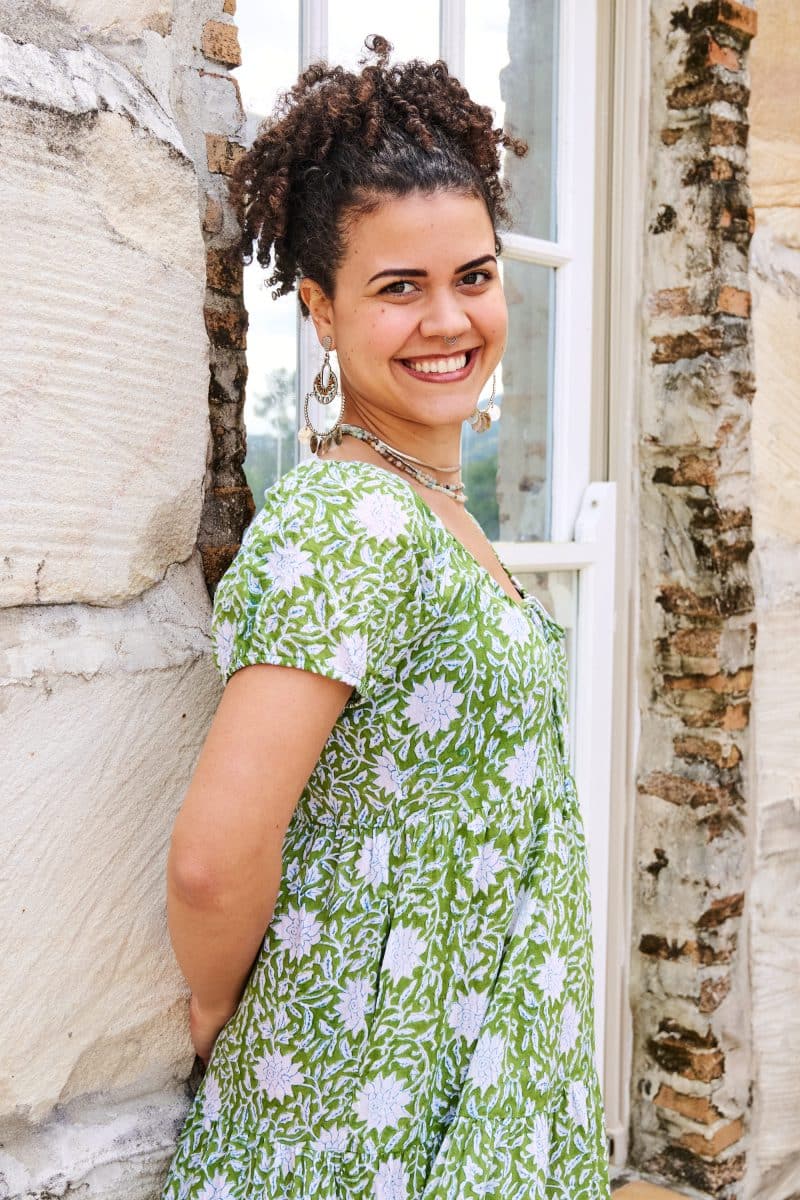 Womens, maxi, Odette Dress, cap sleeves, tiered, low neckline. 100% Cotton, hand block print. Fresh Green - Evergreen