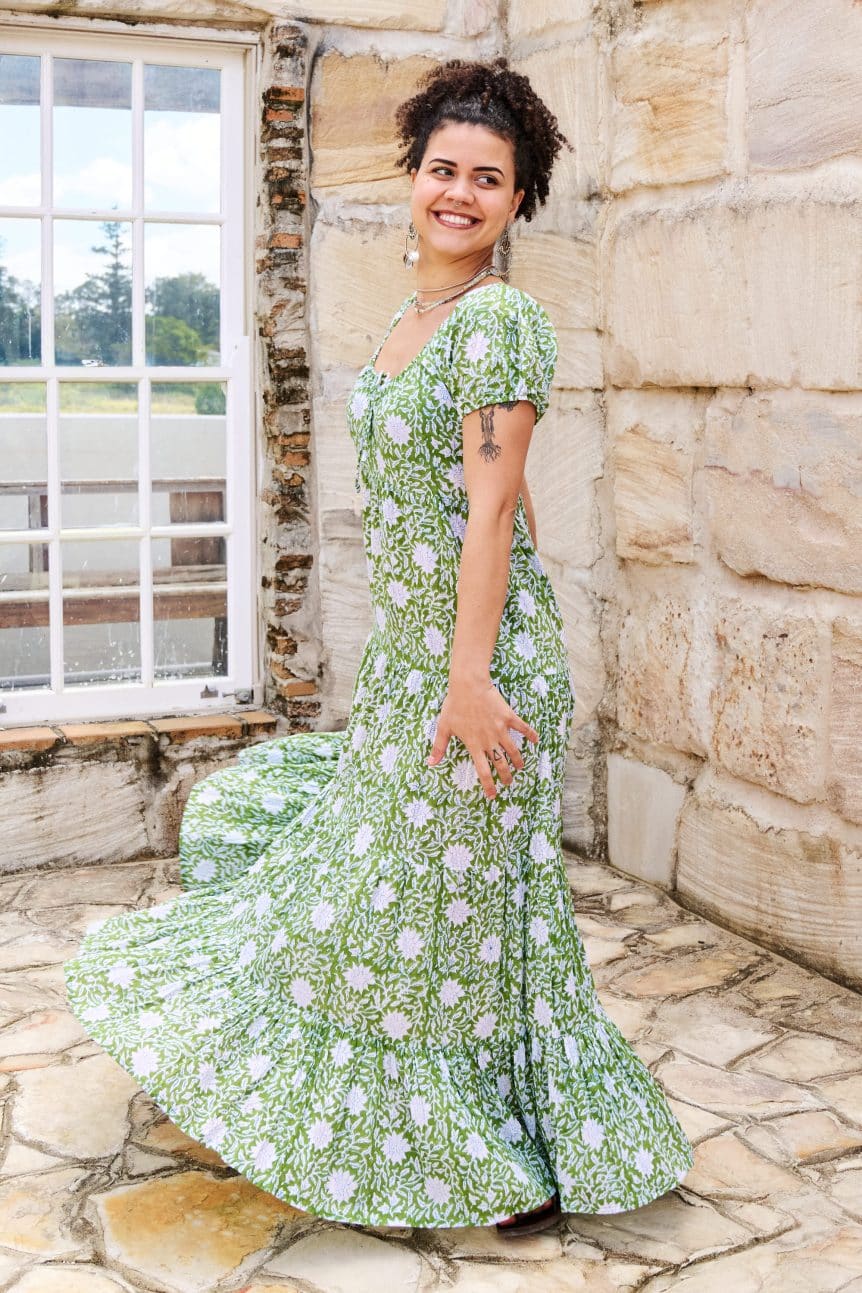 Womens, maxi, Odette Dress, cap sleeves, tiered, low neckline. 100% Cotton, hand block print. Fresh Green - Evergreen