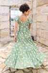 Womens, maxi, Odette Dress, cap sleeves, tiered, low neckline. 100% Cotton, hand block print. Fresh Green - Evergreen