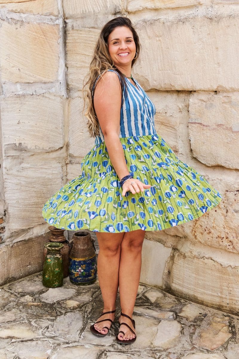 Womens, mini, Minjhali, sleeveless, 100% Cotton, hand block print. Indigo Nautic & Verde