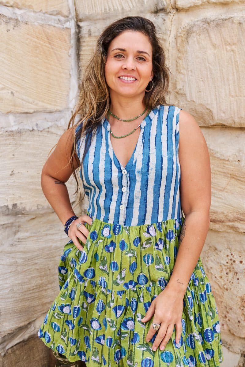 Womens, mini, Minjhali, sleeveless, 100% Cotton, hand block print. Indigo Nautic & Verde