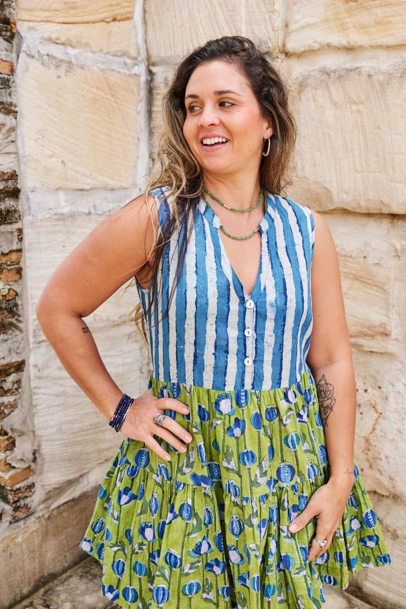 Womens, mini, Minjhali, sleeveless, 100% Cotton, hand block print. Indigo Nautic & Verde