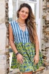Womens, mini, Minjhali, sleeveless, 100% Cotton, hand block print. Indigo Nautic & Verde