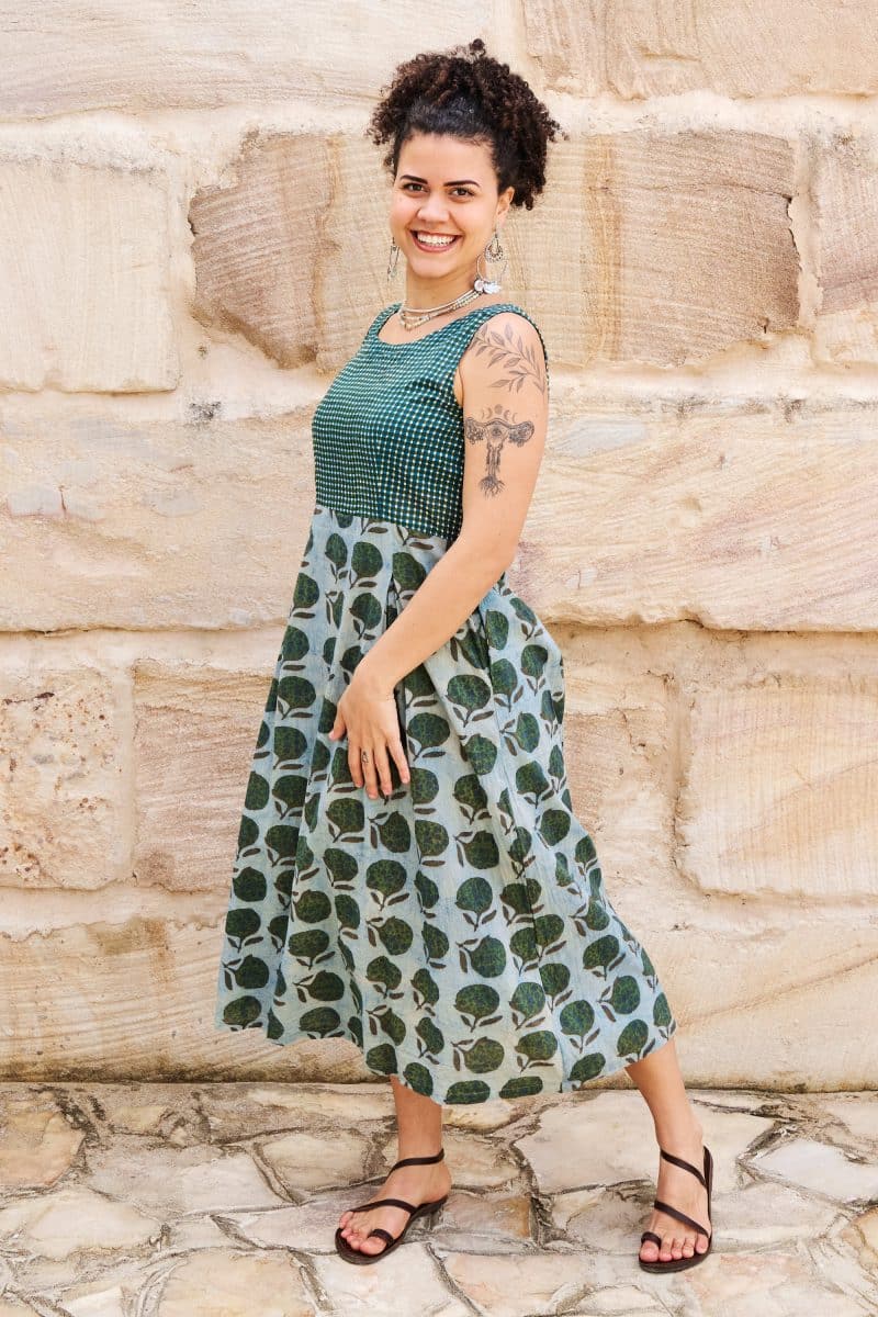 Womens, midi, Danielle Dress, sleeveless, 100% Cotton, hand block print. Natural Naspal Figaris