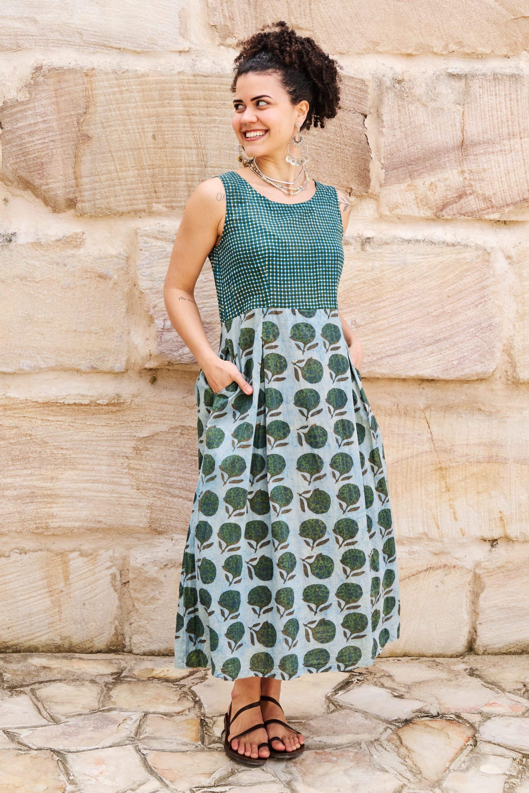 Womens, midi, Danielle Dress, sleeveless, 100% Cotton, hand block print. Natural Naspal Figaris