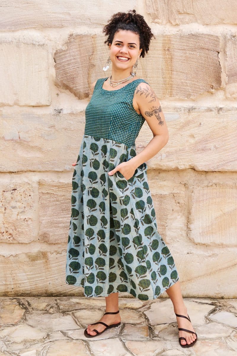 Womens, midi, Danielle Dress, sleeveless, 100% Cotton, hand block print. Natural Naspal Figaris