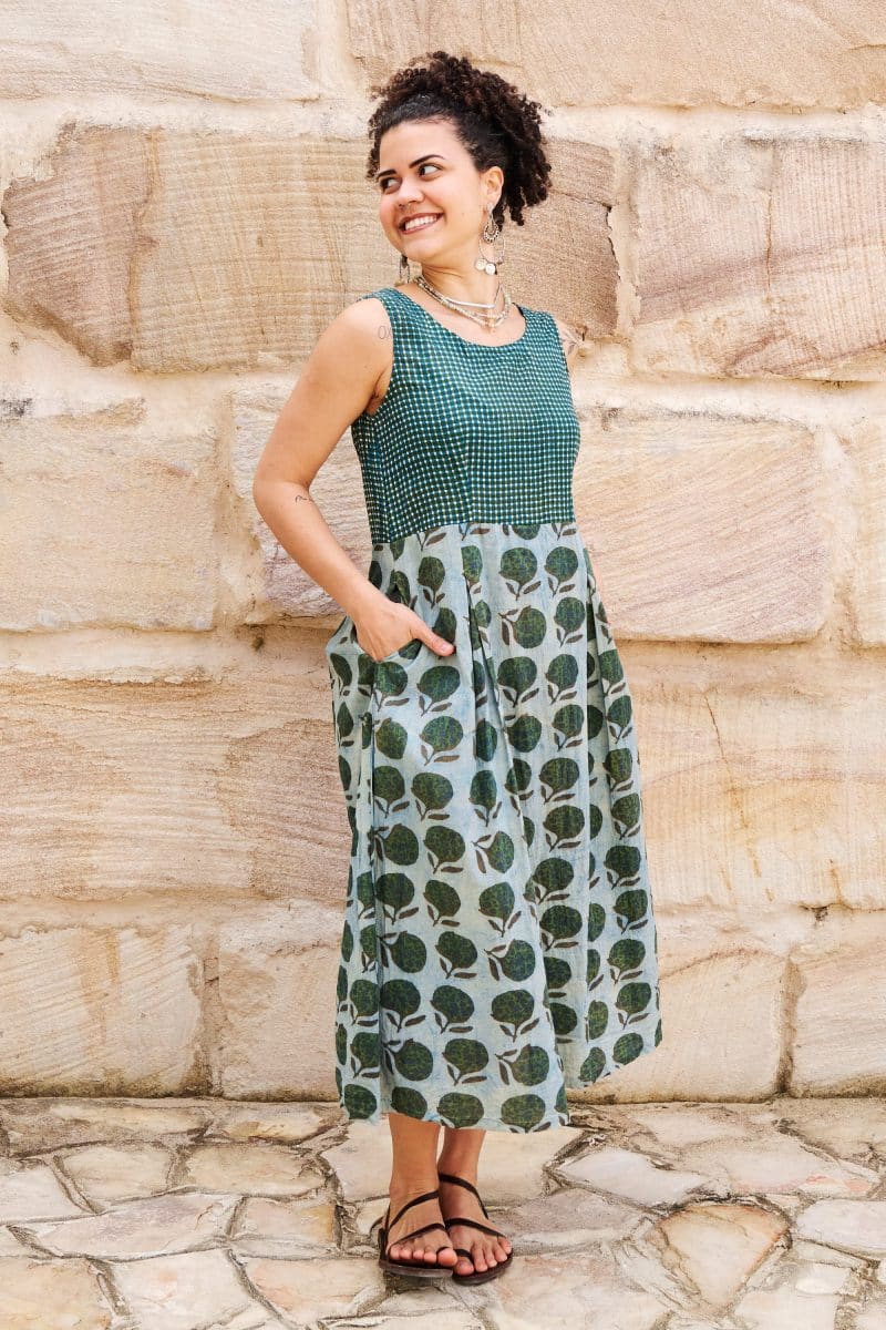 Womens, midi, Danielle Dress, sleeveless, 100% Cotton, hand block print. Natural Naspal Figaris