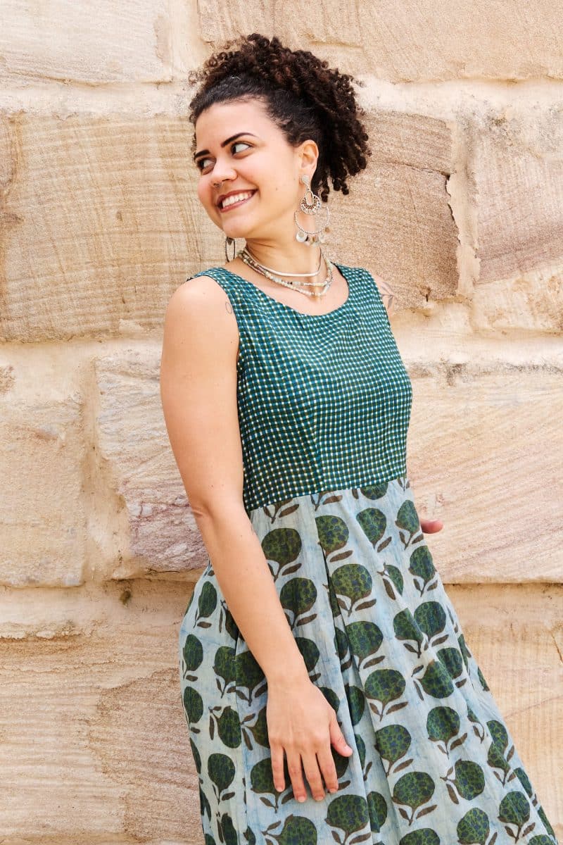 Womens, midi, Danielle Dress, sleeveless, 100% Cotton, hand block print. Natural Naspal Figaris
