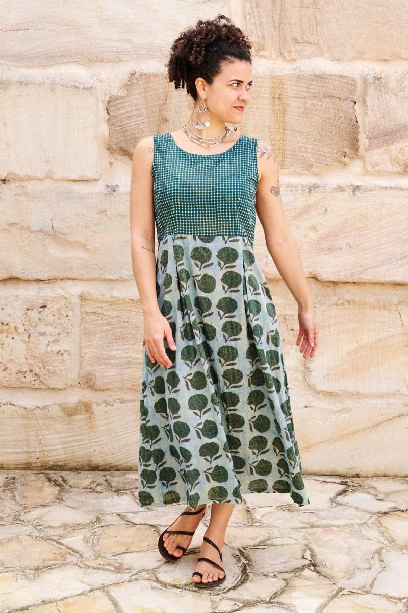 Womens, midi, Danielle Dress, sleeveless, 100% Cotton, hand block print. Natural Naspal Figaris