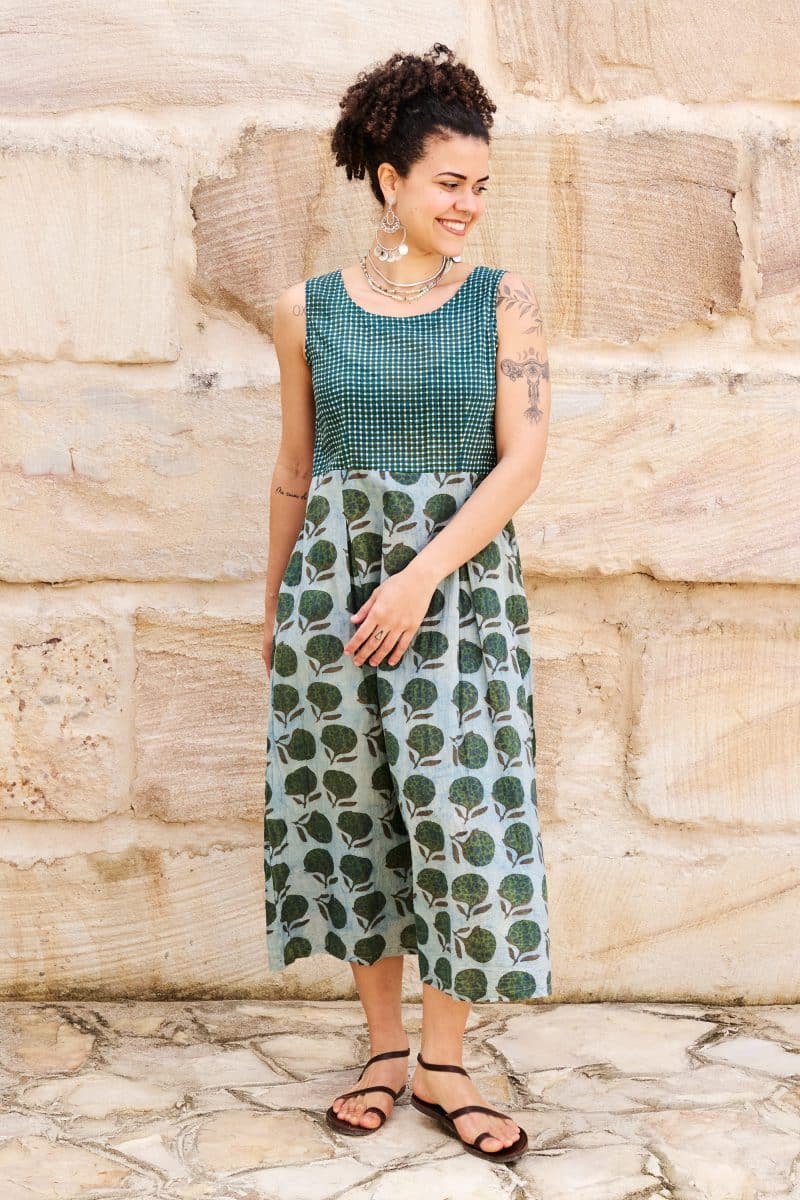Womens, midi, Danielle Dress, sleeveless, 100% Cotton, hand block print. Natural Naspal Figaris