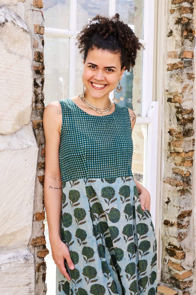 Womens, midi, Danielle Dress, sleeveless, 100% Cotton, hand block print. Natural Naspal Figaris