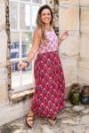 Womens, midi, Danielle Dress, sleeveless, 100% Cotton, hand block print. Pink and Red. Parisa & Ruby Veda.
