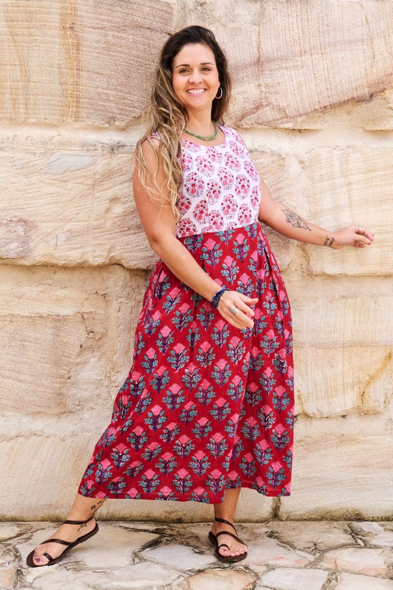 Womens, midi, Danielle Dress, sleeveless, 100% Cotton, hand block print. Pink and Red. Parisa & Ruby Veda.