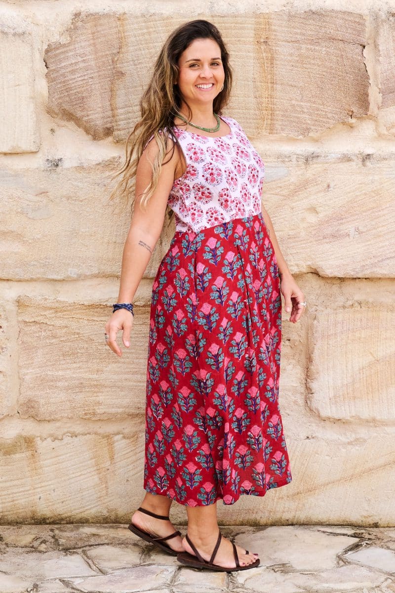 Womens, midi, Danielle Dress, sleeveless, 100% Cotton, hand block print. Pink and Red. Parisa & Ruby Veda.