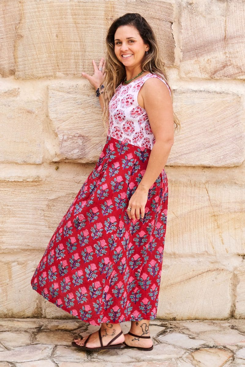 Womens, midi, Danielle Dress, sleeveless, 100% Cotton, hand block print. Pink and Red. Parisa & Ruby Veda.
