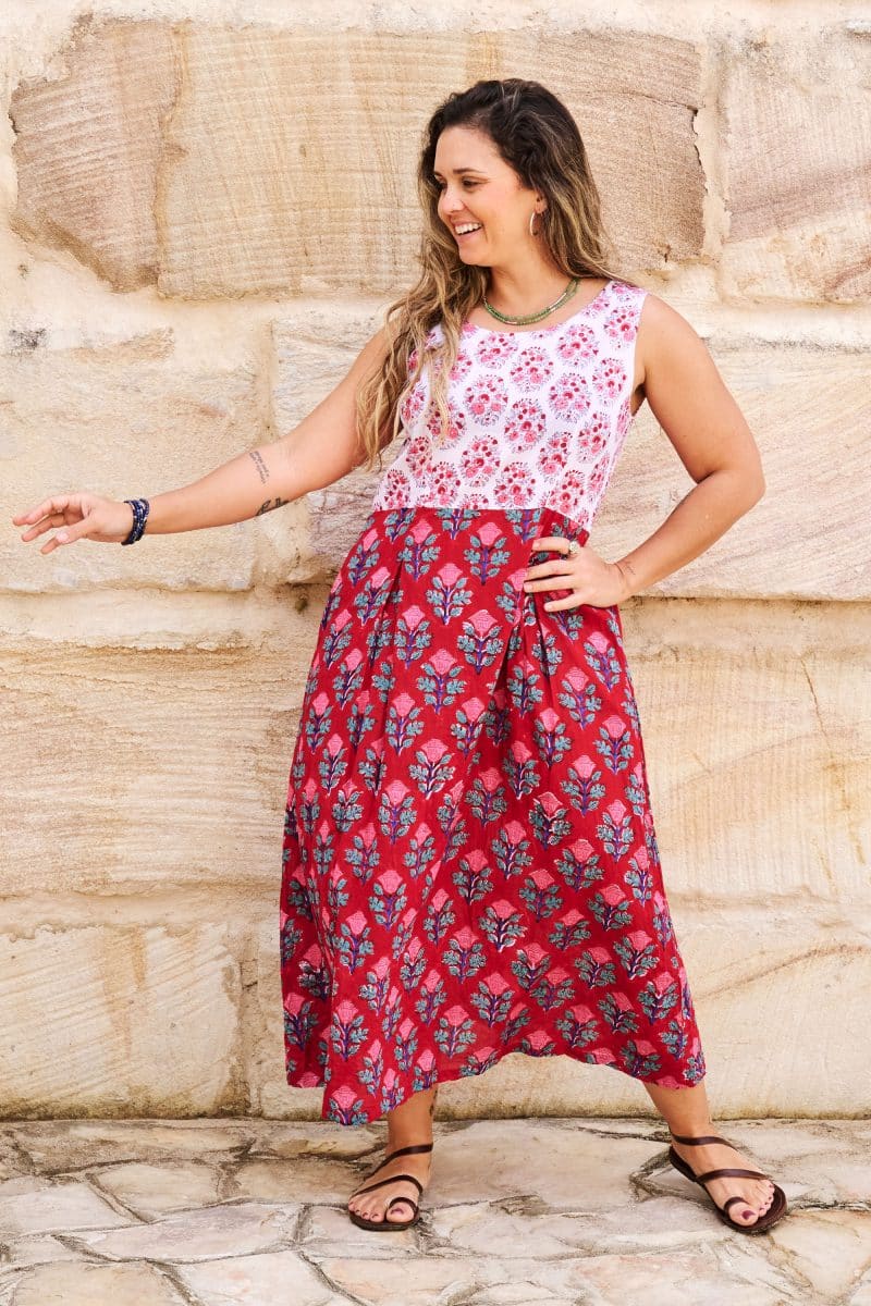 Womens, midi, Danielle Dress, sleeveless, 100% Cotton, hand block print. Pink and Red. Parisa & Ruby Veda.
