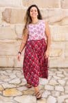 Womens, midi, Danielle Dress, sleeveless, 100% Cotton, hand block print. Pink and Red. Parisa & Ruby Veda.