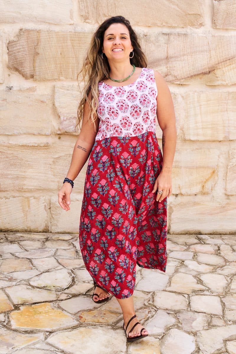 Womens, midi, Danielle Dress, sleeveless, 100% Cotton, hand block print. Pink and Red. Parisa & Ruby Veda.