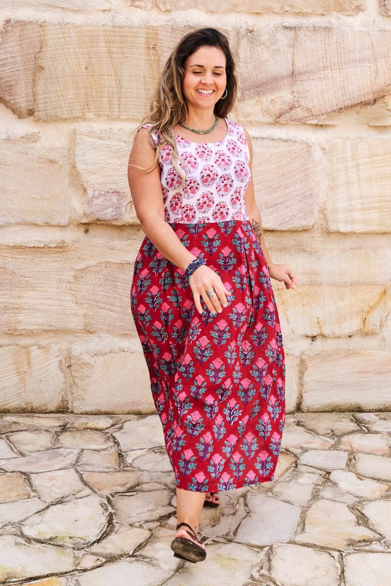 Womens, midi, Danielle Dress, sleeveless, 100% Cotton, hand block print. Pink and Red. Parisa & Ruby Veda.