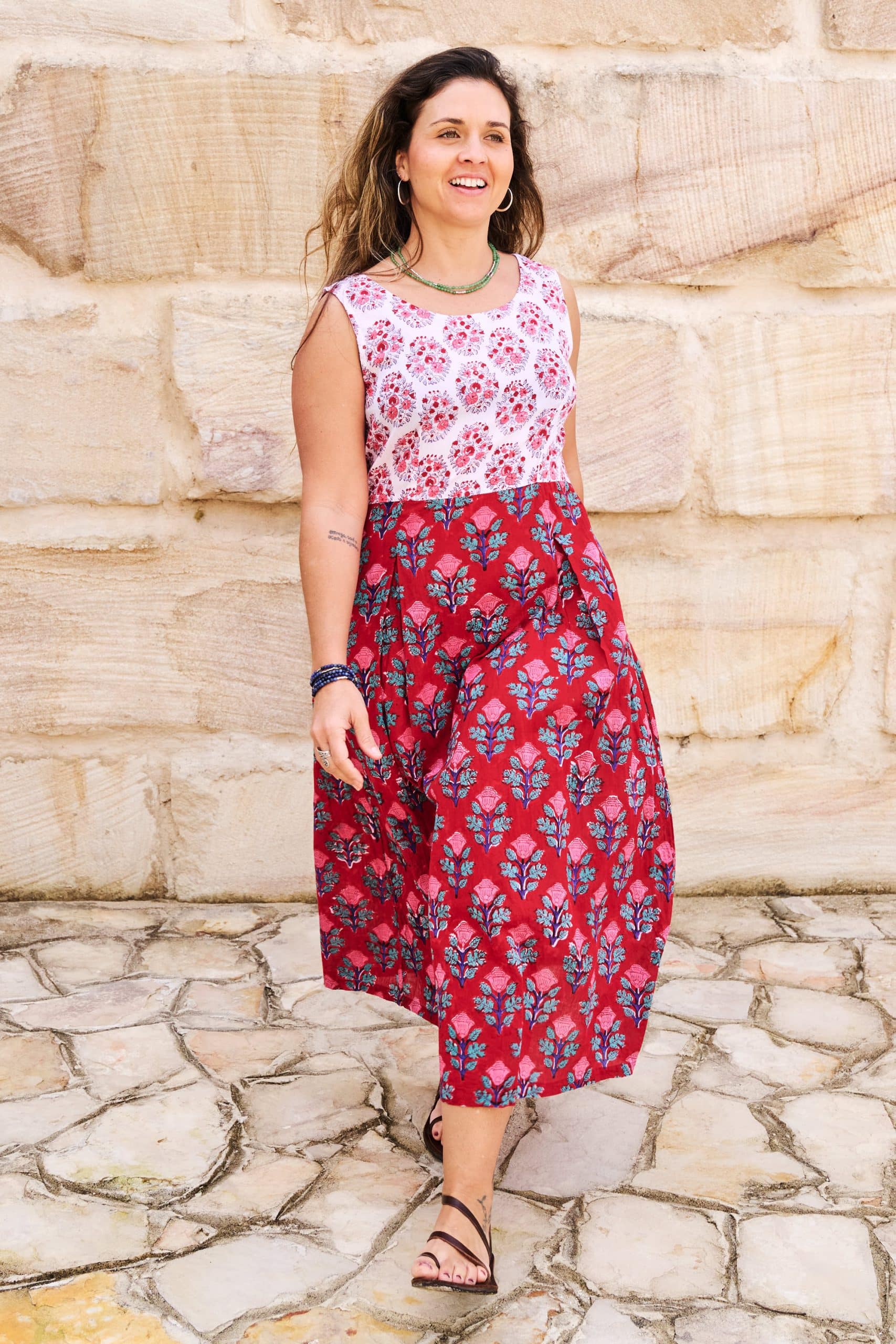 Womens, midi, Danielle Dress, sleeveless, 100% Cotton, hand block print. Pink and Red. Parisa & Ruby Veda.
