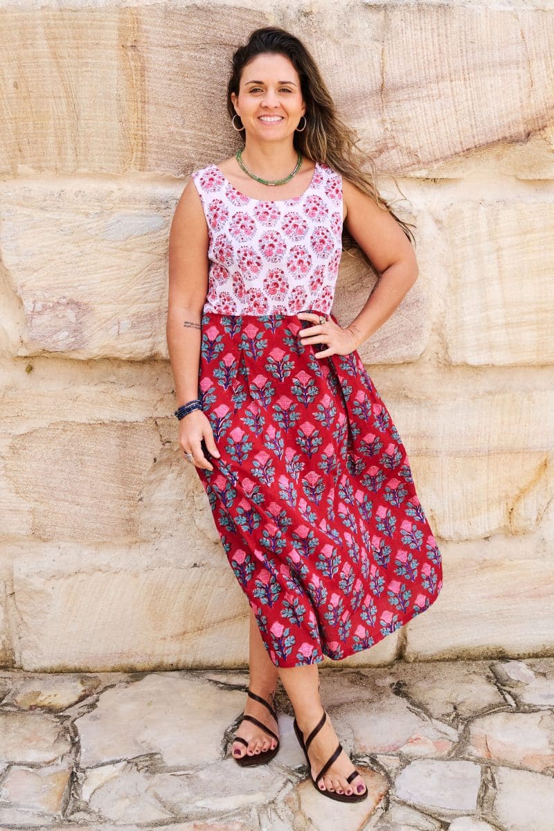Womens, midi, Danielle Dress, sleeveless, 100% Cotton, hand block print. Pink and Red. Parisa & Ruby Veda.
