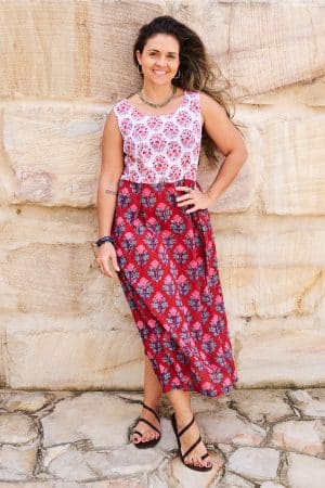 Womens, midi, Danielle Dress, sleeveless, 100% Cotton, hand block print. Pink and Red. Parisa & Ruby Veda.