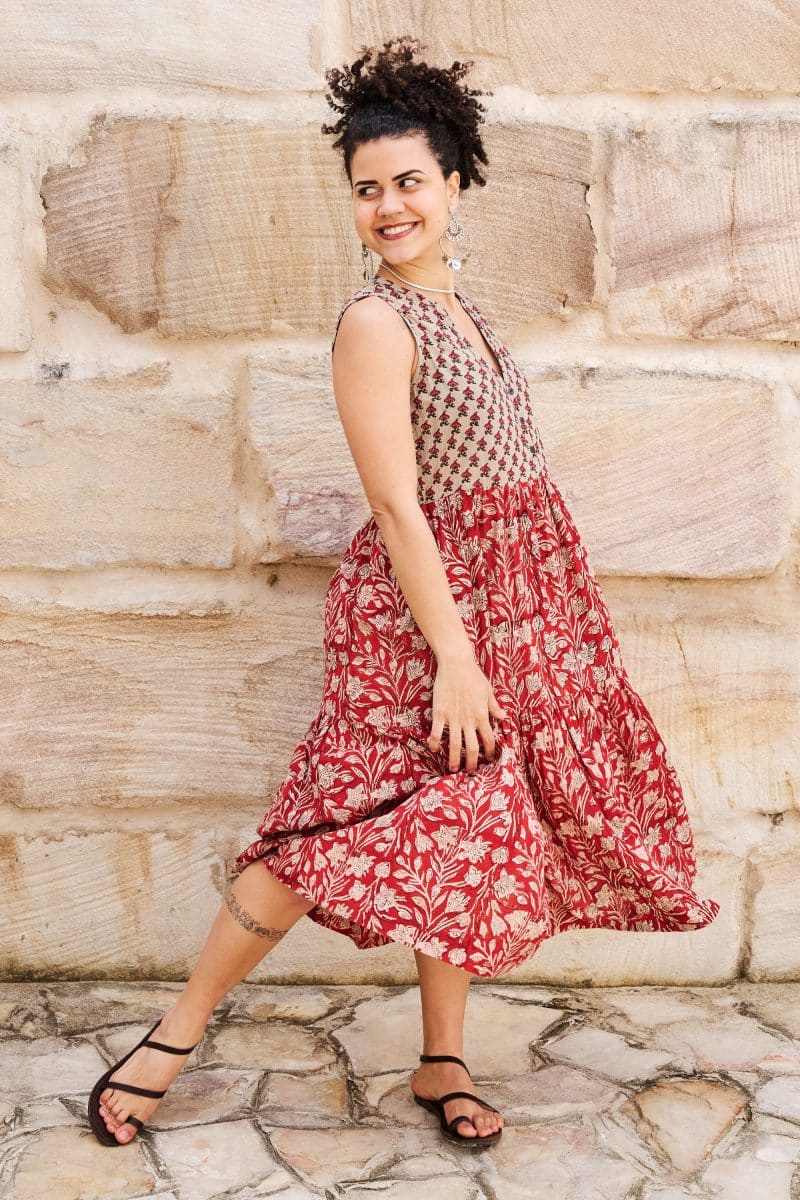 Womens, midi, Jhali Dress, sleeveless, 100% Cotton, hand block print. Natural Rustic Red - Rubira