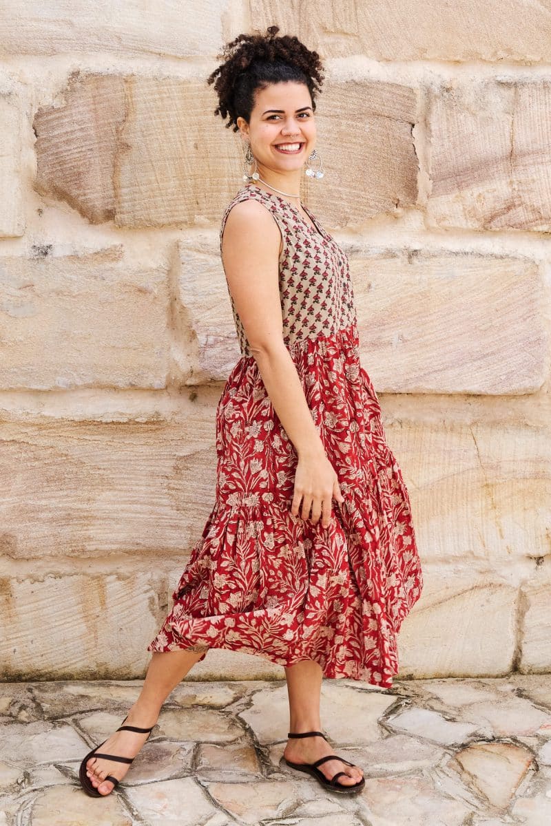 Womens, midi, Jhali Dress, sleeveless, 100% Cotton, hand block print. Natural Rustic Red - Rubira